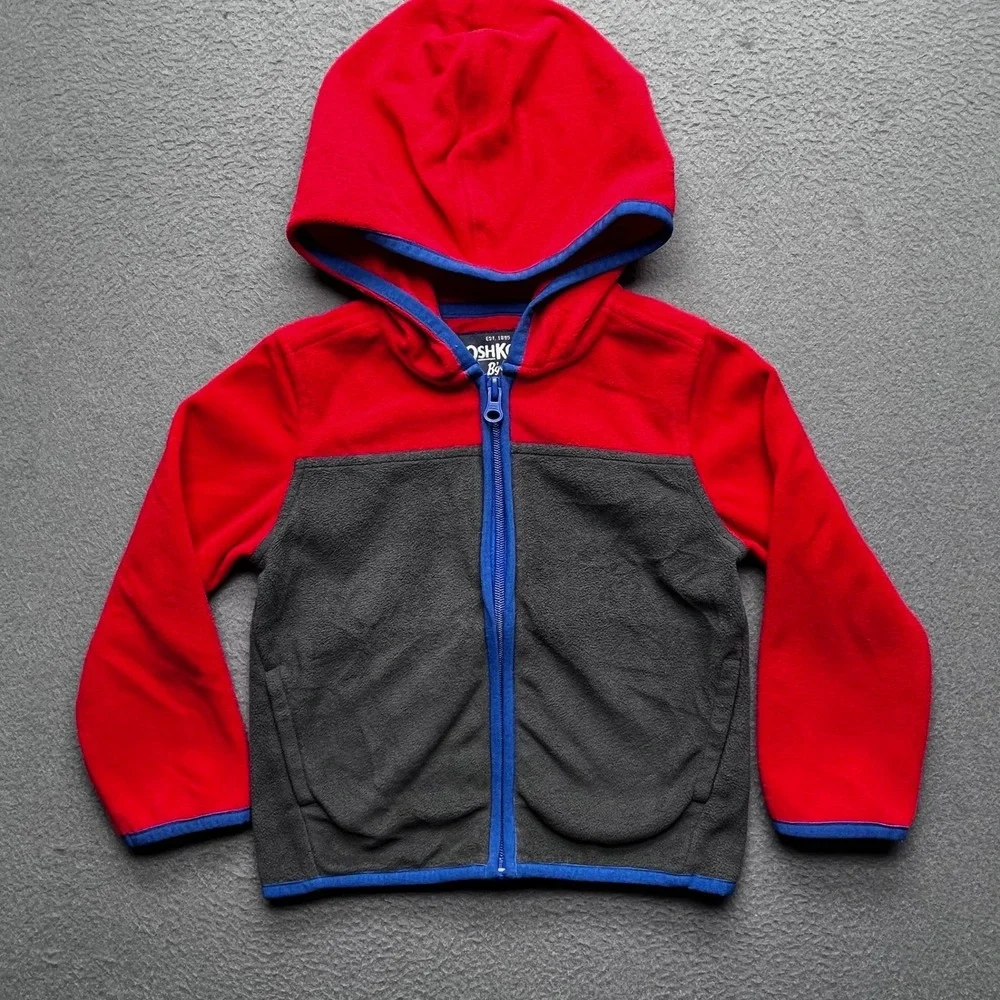 OshKosh B'gosh Boys Fleece Hoodie Polyester 2T‎ Colorblock Red Grey Zip Jacket